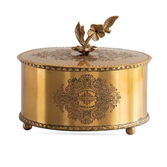 Brass embossed floral design decorative dry fruit box full view — Indian Art Villa