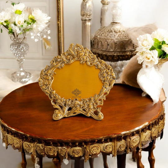 Brass Finish Photo Frame with Floral Design, Antique Golden Finish, 4x6 Inch – Decorative Tabletop & Home Décor Gift Item