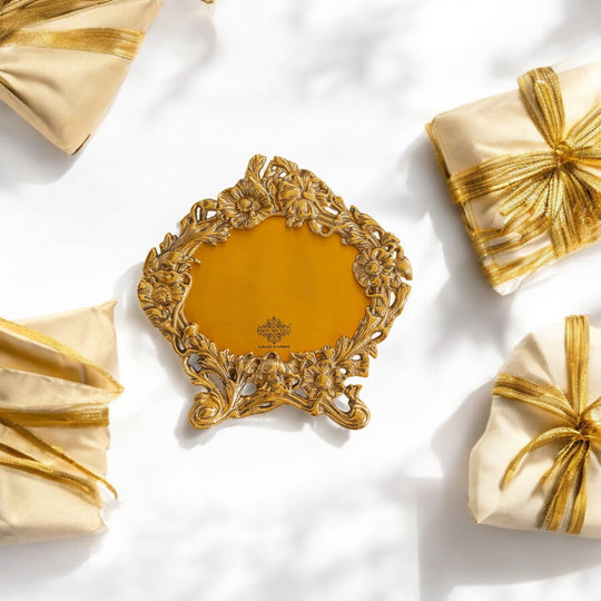 Brass Finish Photo Frame with Floral Design, Antique Golden Finish, 4x6 Inch – Decorative Tabletop & Home Décor Gift Item