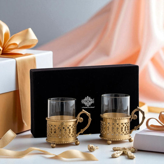 Pure Brass Tea Cup Set of 2,& 4with Black Velvet Gift Box-170 ML