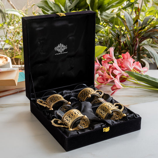 Pure Brass Tea Cup Set of 2,& 4with Black Velvet Gift Box-170 ML