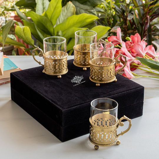 Pure Brass Tea Cup Set of 2,& 4with Black Velvet Gift Box-170 ML