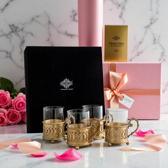 Pure Brass Tea Cup Set of 2,& 4with Black Velvet Gift Box-170 ML
