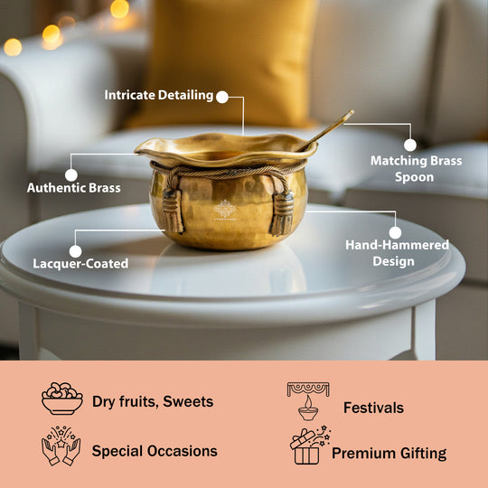 Brass Bowl & Spoon Set With Velvet Box - Hammered Design