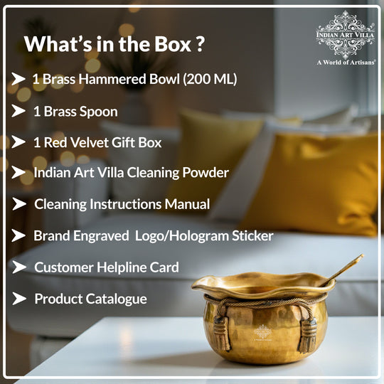 Brass Bowl & Spoon Set With Velvet Box - Hammered Design