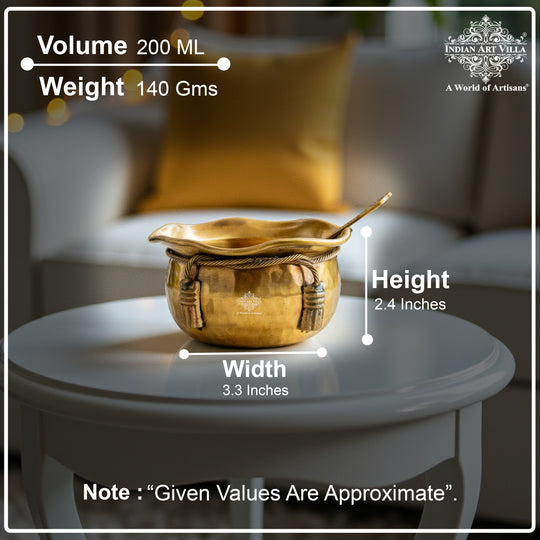 Brass Bowl & Spoon Set With Velvet Box - Hammered Design