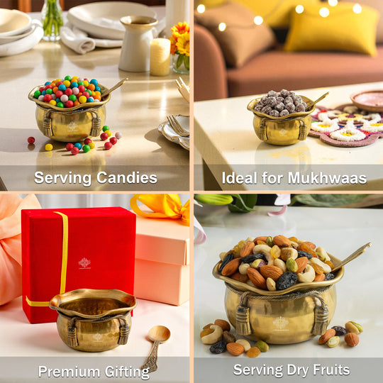 Brass Bowl & Spoon Set With Velvet Box - Hammered Design