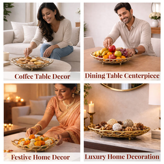 Brass Finish Oval Shape Hollow Design Tray/Fruit Basket