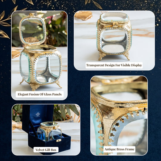 Multipupose Decorative Box with Glass and Brass with Velvet Gift Box