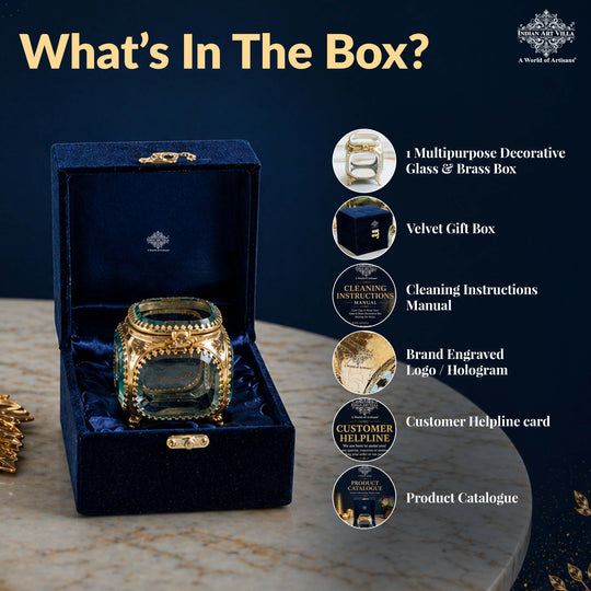 Multipupose Decorative Box with Glass and Brass with Velvet Gift Box