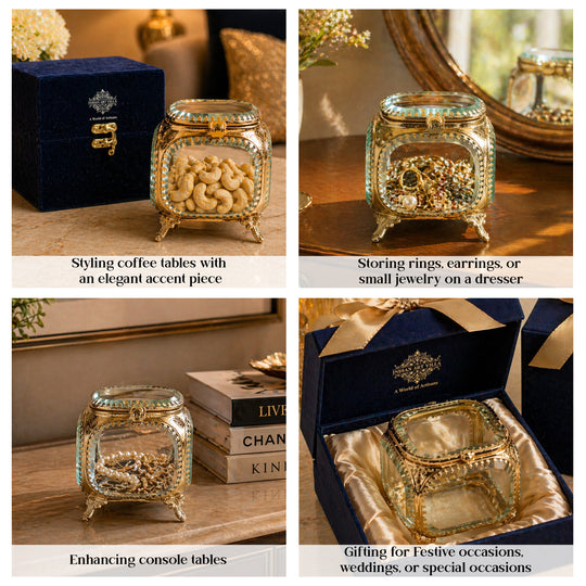Multipupose Decorative Box with Glass and Brass with Velvet Gift Box