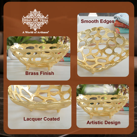 Brass Finish Hollow Design Fruit Basket,12 Inches Length