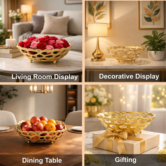 Brass Finish Hollow Design Fruit Basket,12 Inches Length