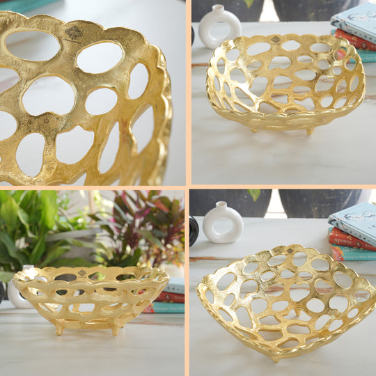 Brass Finish Hollow Design Fruit Basket,12 Inches Length