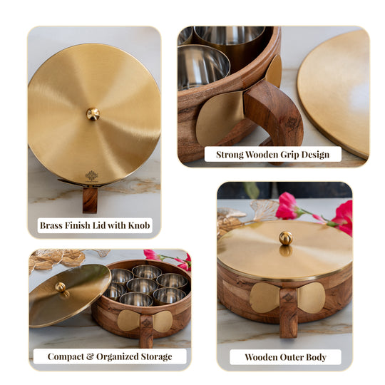Stainless Steel Masala Box with Brass Finish Lid & Wooden Outer
