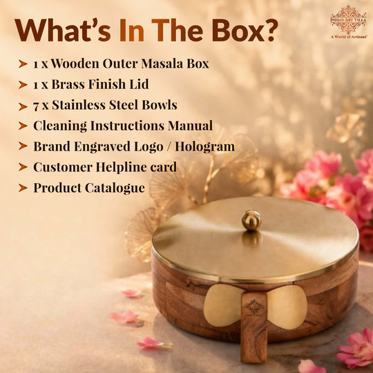 Stainless Steel Masala Box with Brass Finish Lid & Wooden Outer