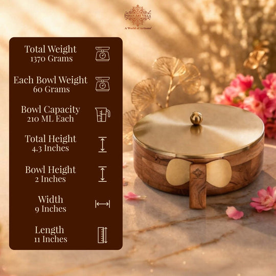 Stainless Steel Masala Box with Brass Finish Lid & Wooden Outer