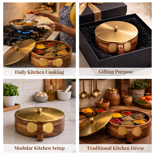 Stainless Steel Masala Box with Brass Finish Lid & Wooden Outer