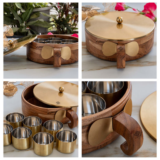 Stainless Steel Masala Box with Brass Finish Lid & Wooden Outer