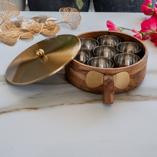 Stainless Steel Masala Box with Brass Finish Lid & Wooden Outer