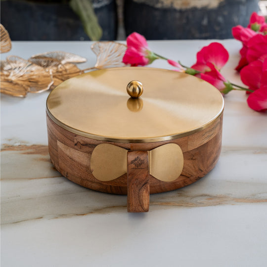 Stainless Steel Masala Box with Brass Finish Lid & Wooden Outer