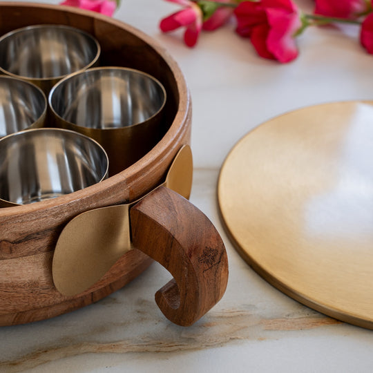 Stainless Steel Masala Box with Brass Finish Lid & Wooden Outer