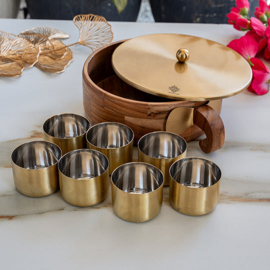 Stainless Steel Masala Box with Brass Finish Lid & Wooden Outer