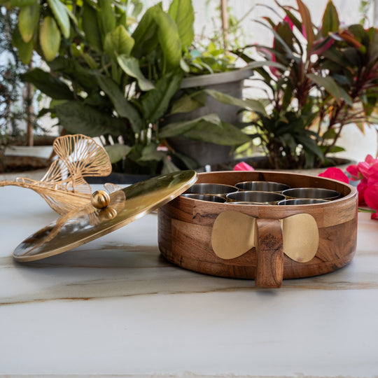 Stainless Steel Masala Box with Brass Finish Lid & Wooden Outer