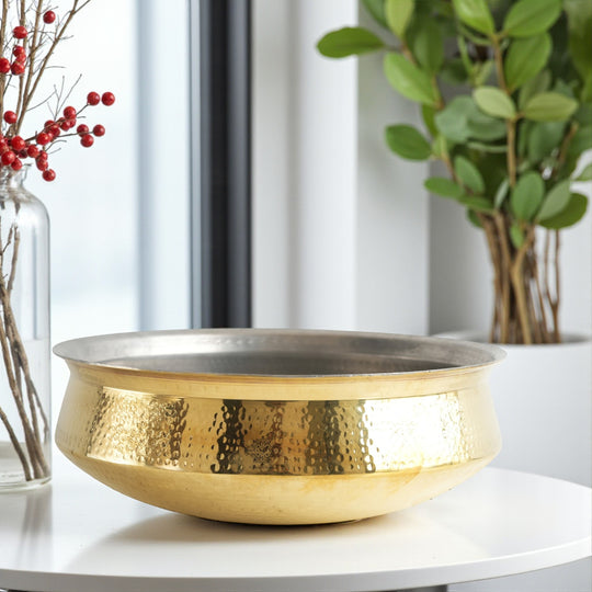 Elegant pital lagan handi featuring hammered golden brass body artisan crafted with refined tin coated interior for daily cooking