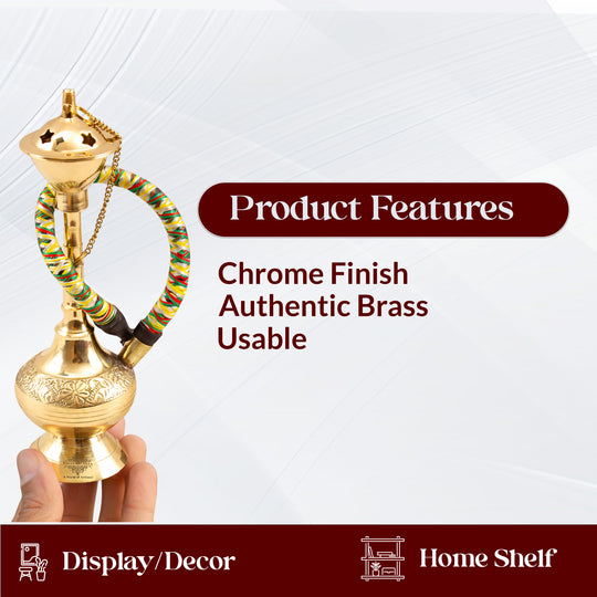Brass Hookah With Gold Finish Handmade Embossed Design - Showpiece, Home Decor