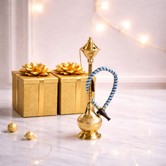 Brass Hookah With Gold Finish Handmade Embossed Design - Showpiece, Home Decor