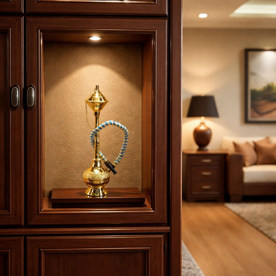 Brass Hookah With Gold Finish Handmade Embossed Design - Showpiece, Home Decor