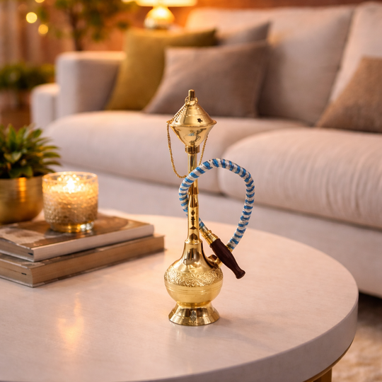 Brass Hookah With Gold Finish Handmade Embossed Design - Showpiece, Home Decor