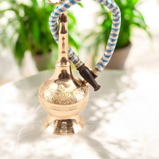 Brass Hookah With Gold Finish Handmade Embossed Design - Showpiece, Home Decor