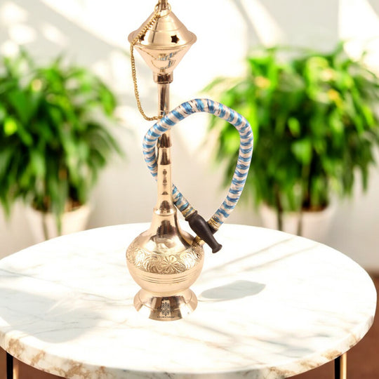 Brass Hookah With Gold Finish Handmade Embossed Design - Showpiece, Home Decor