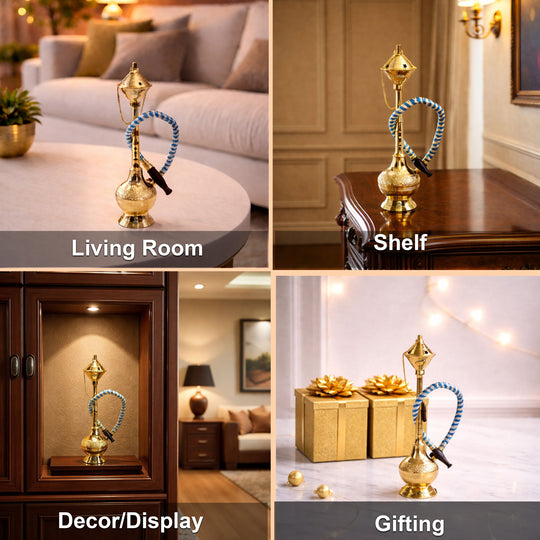 Brass Hookah With Gold Finish Handmade Embossed Design - Showpiece, Home Decor