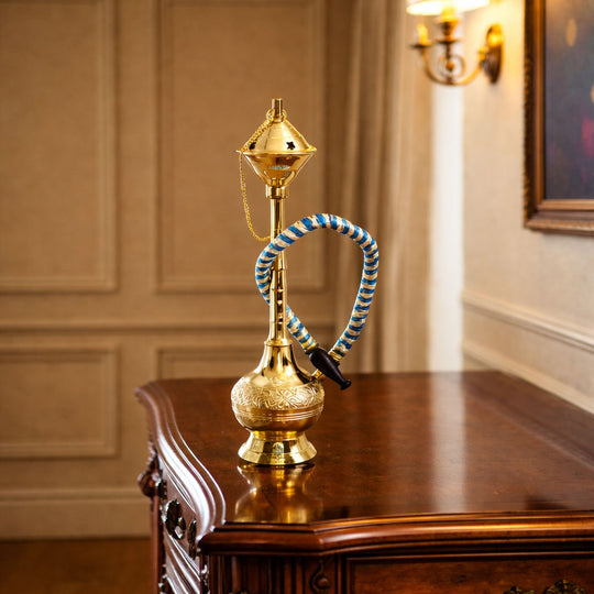 Brass Hookah With Gold Finish Handmade Embossed Design - Showpiece, Home Decor