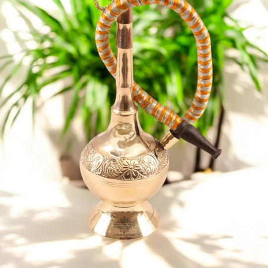 Brass Hookah With Gold Finish Handmade Embossed Design - Showpiece, Home Decor