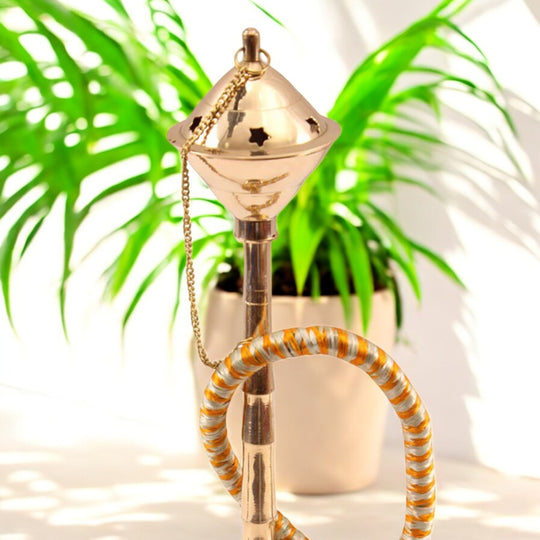 Brass Hookah With Gold Finish Handmade Embossed Design - Showpiece, Home Decor