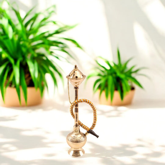 Brass Hookah With Gold Finish Handmade Embossed Design - Showpiece, Home Decor