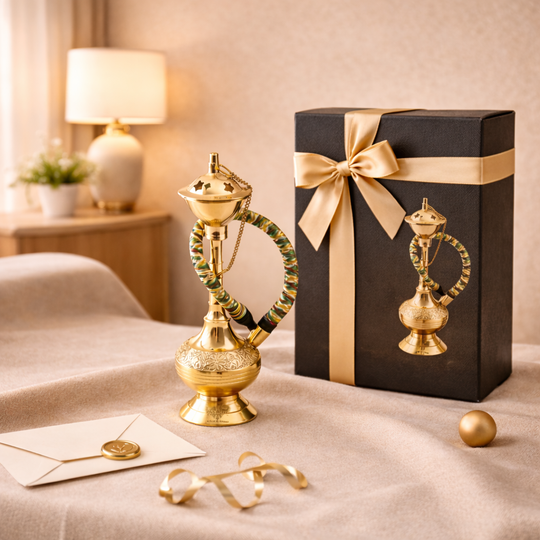 Brass Hookah With Gold Finish Handmade Embossed Design - Showpiece, Home Decor