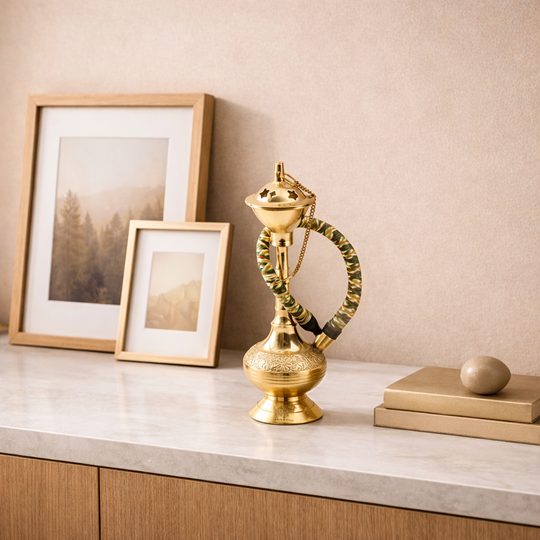 Brass Hookah With Gold Finish Handmade Embossed Design - Showpiece, Home Decor