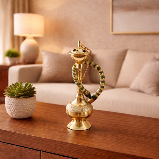 Brass Hookah With Gold Finish Handmade Embossed Design - Showpiece, Home Decor