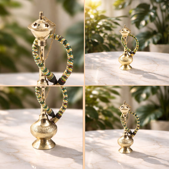 Brass Hookah With Gold Finish Handmade Embossed Design - Showpiece, Home Decor