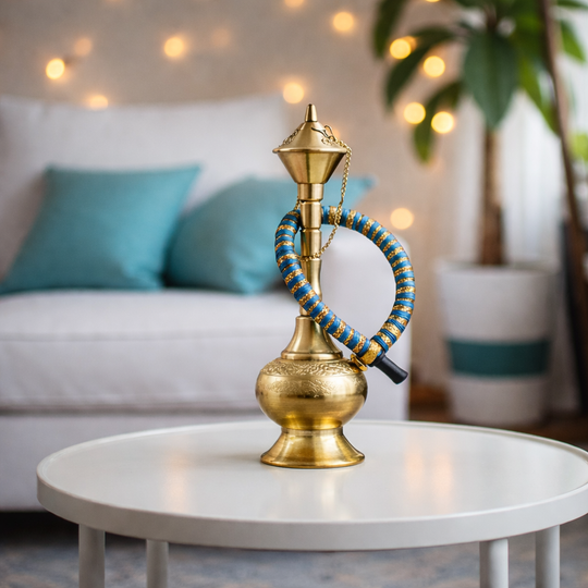 Brass Hookah With Gold Finish Handmade Embossed Design - Showpiece, Home Decor
