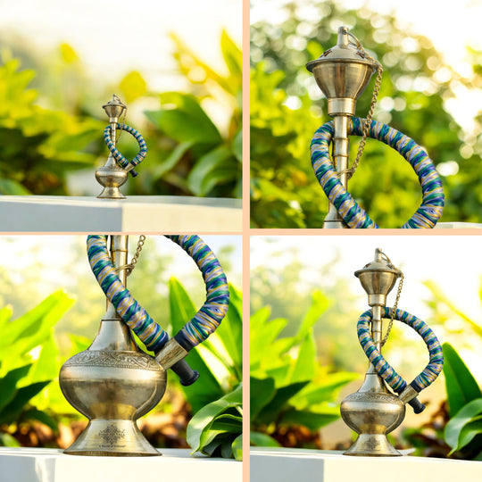 Brass Hookah With Gold Finish Handmade Embossed Design - Showpiece, Home Decor