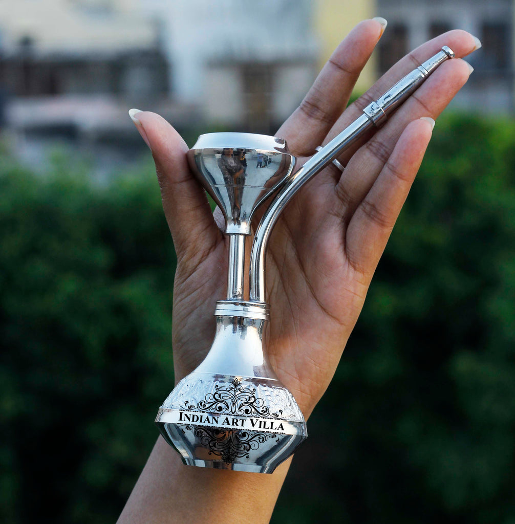 Indian Art Villa Pure Brass Chrome Finish Designer Mini Pocket Hookah Showpiece