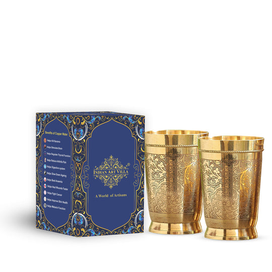 Handcrafted brass glass set with Ayurvedic benefits from Indian Art Villa promoting wellness through traditional metal therapy