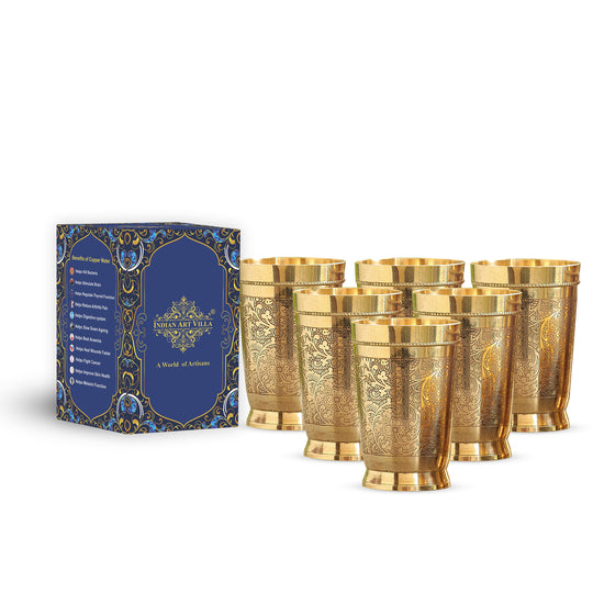 Restaurant style brass tumblers with warm tone and classic silhouette by Indian Art Villa perfect for Indian dining themes
