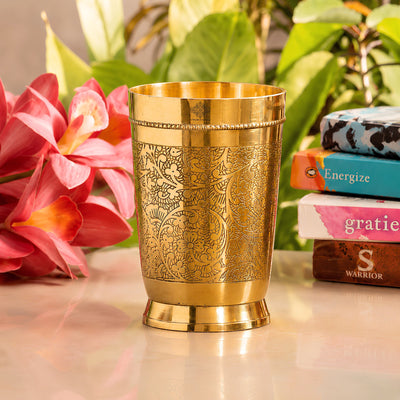 Pure Brass Embossed Design Tumblers Glass For Daily Use - 270ML
